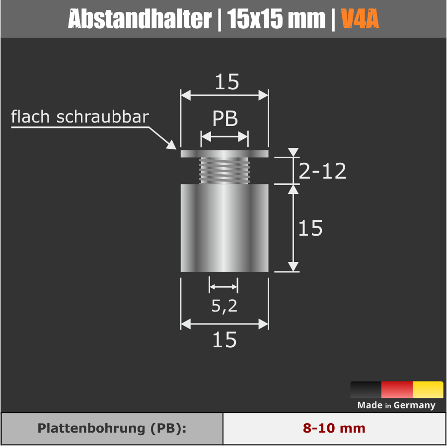 Abstandhalter schraubbar Edelstahl V4A Skizze mit Maßen auf schwarzem Hintergrund