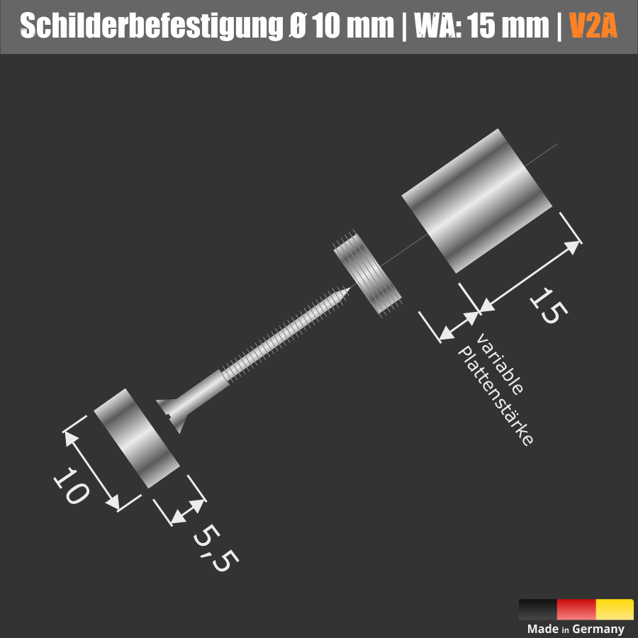 Schildbefestigung Edelstahl V2A Ø 10x15mm Skizze Gesamtaufbau auf schwarzen Untergrund