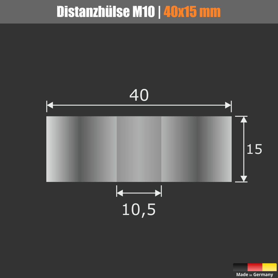 Distanzscheibe M10 Distanzring Edelstahl Skizze mit Maßen auf dunklem Hintergrund