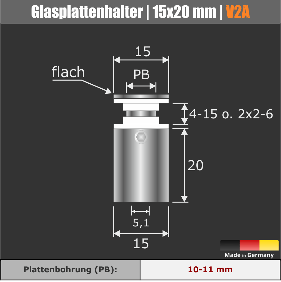 Glasplattenhalter V2A Skizze mit Maßen auf dunklem Hintergrund