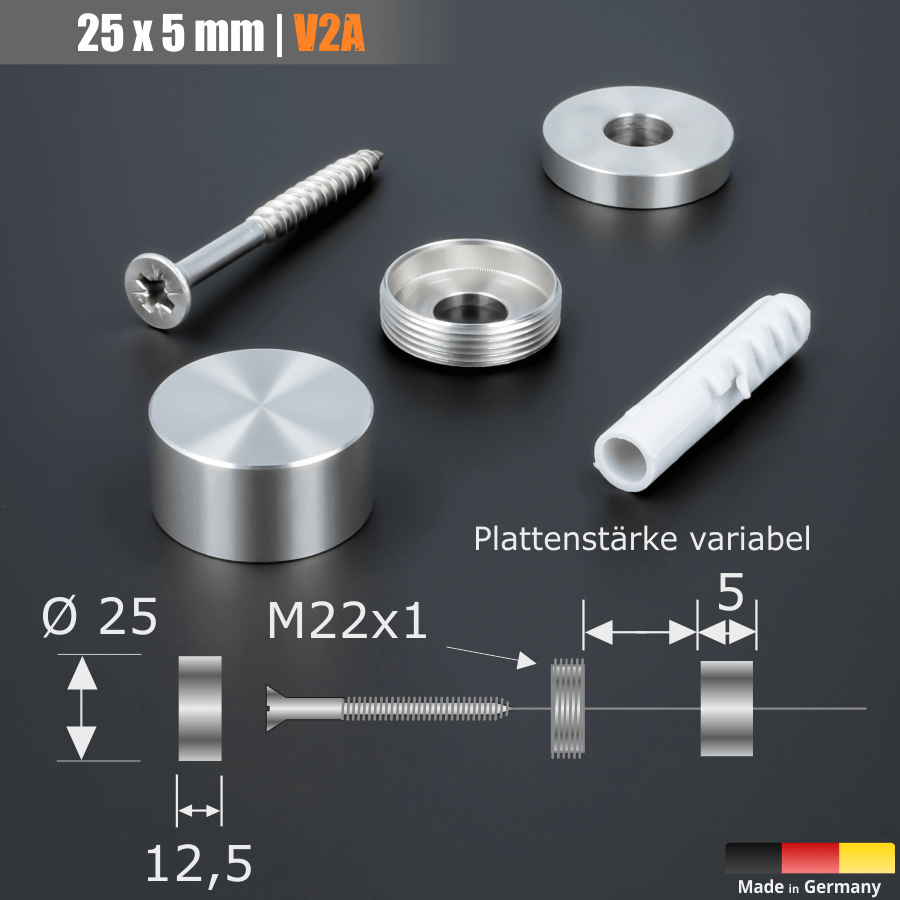 Schilderbefestigung Edelstahl V2A Ø25x5mm Skizze mit Abmessungen auf dunklem Untergrund 