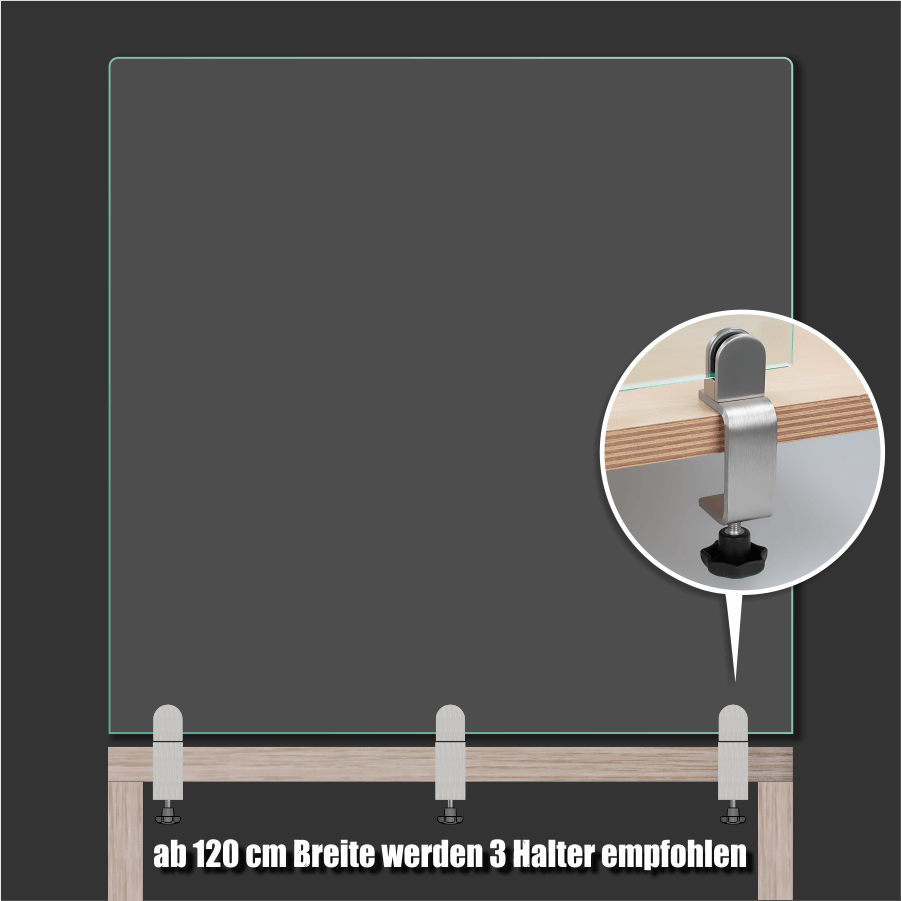 Tischklemme Edelstahl Spuckschutz Beispiel Scheibenhöhe und Tischklemmenverteilung