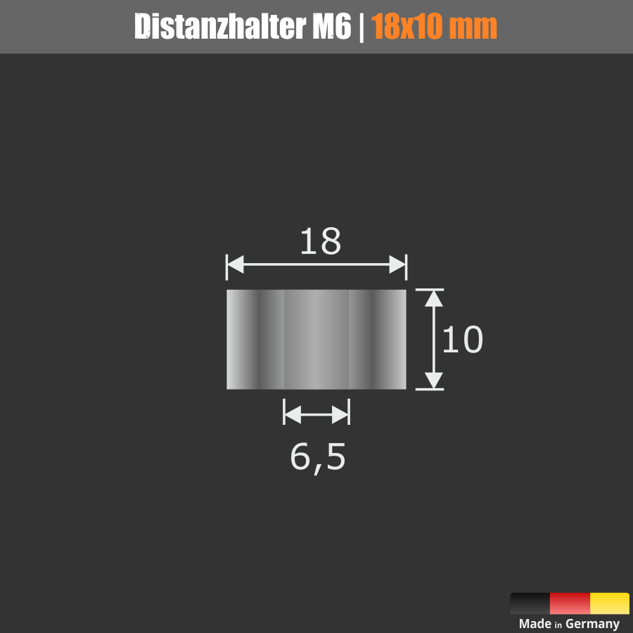 Distanzstück M6 Messing verchromt glänzend Ø 18 mm Skizze mit Maßen auf dunklem Hintergrund