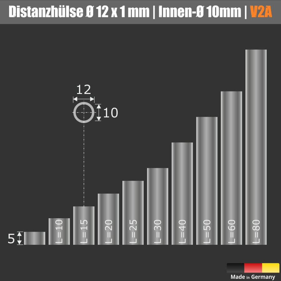 Distanzhülsen Abstandshülsen Edelstahl Ø12 mm L-Ø:10 mm Skizze mit Maße