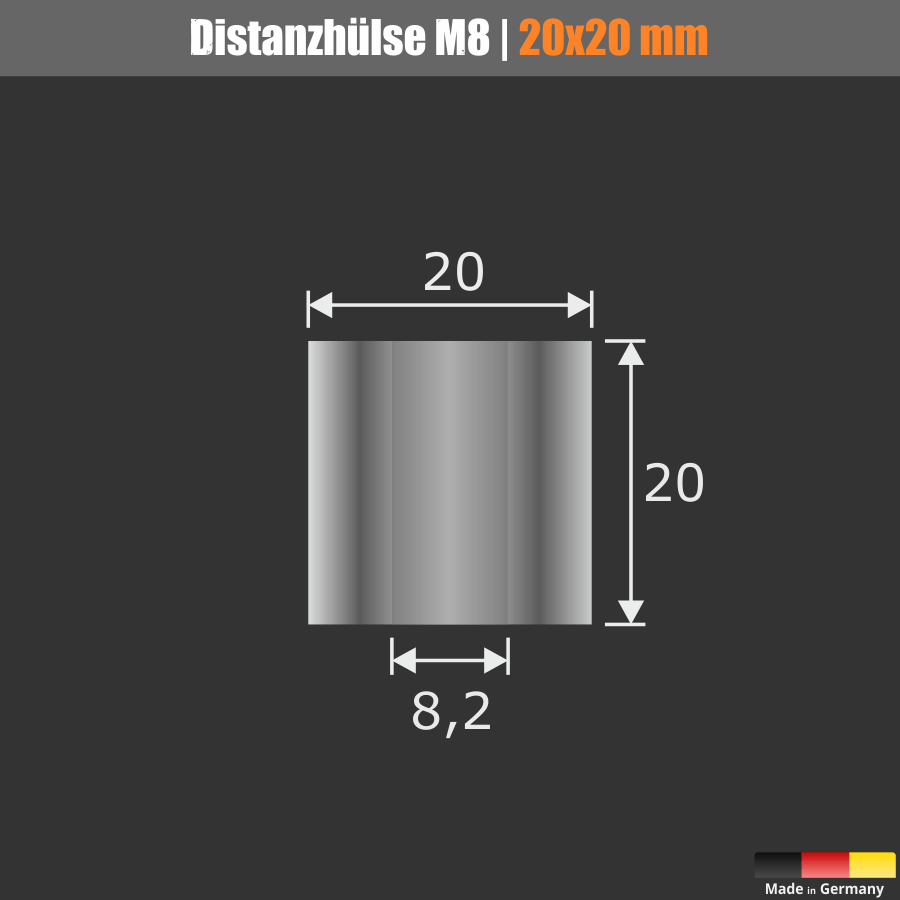 Distanzhülse M8 Ø 20mm WA: 20mm L-Ø: 8,2mm Distanzhalter Edelstahl V2A