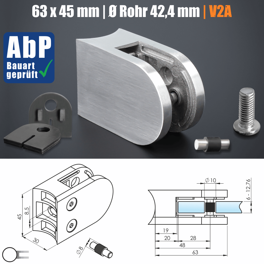 Glashalter mit Sicherungsstift V2A 63x45mm PS: 6-12,76 mm Skizze mit Maße