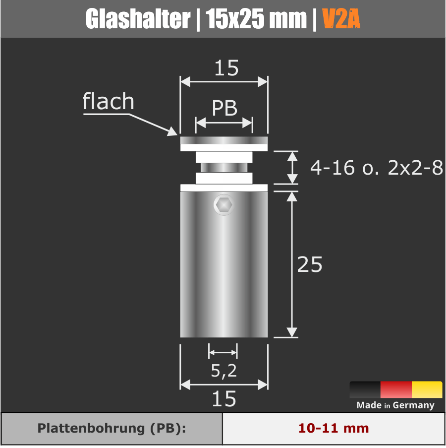 Glashalter Madenschraube V2A Skizze mit Maßen auf dunklem Hintergrund
