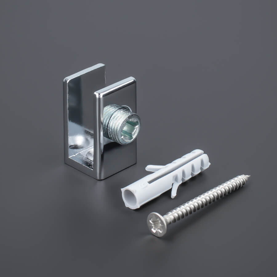 Glasbodenhalter | Regal-Halter | Messing chrom Lieferumfang auf dunklem Untergrund