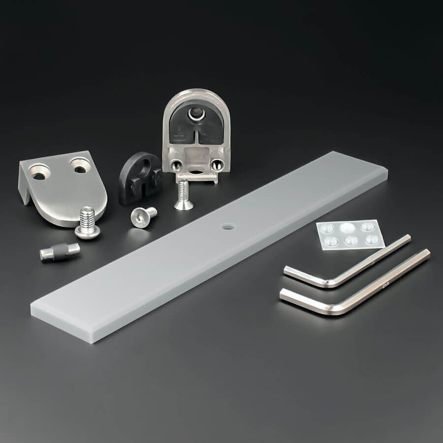 Tischaufsteller Edelstahl Plexiglas Fuß für Glasplatten Einzelteile auf schwarzen Untergrund