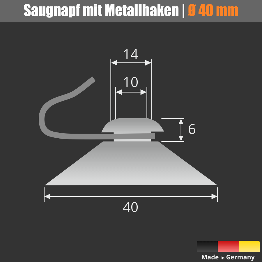  Saughaken Saugnapf Ø 40 mm mit Haken | Saugnäpfe | Metallhaken Skizze mit Maße