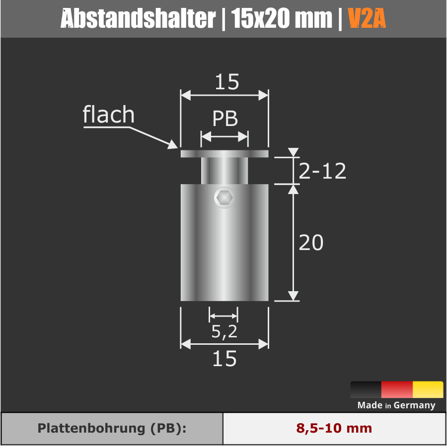 Abstandshalter rund Edelstahl V2A Ø 15 mm technische Zeichnung
