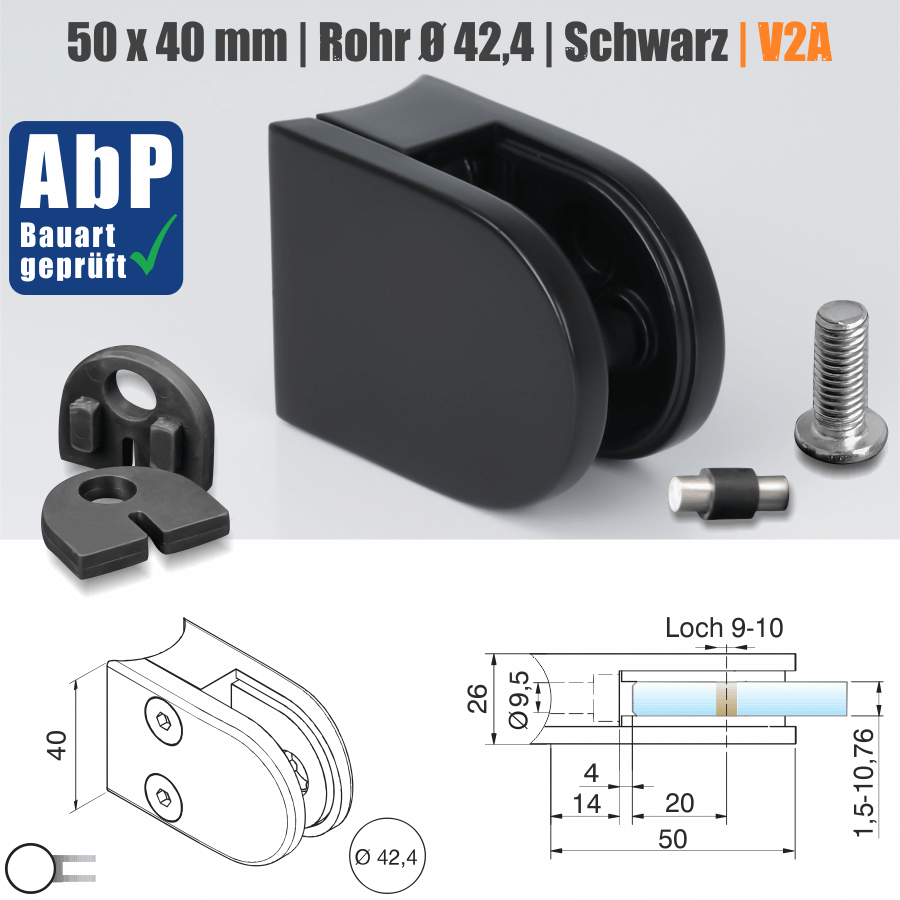 Glashalter Edelstahl V2A 50 x 40 mm schwarz RAL9005 halbrund Skizze mit Maße