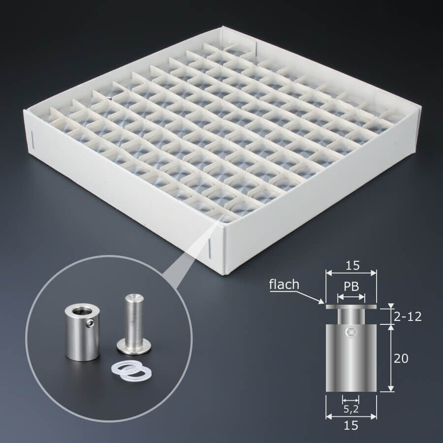 100er-Pack Abstandshalter rund Edelstahl V2A Ø 15 mm WA: 20 mm 100er Karton auf dunklem Untergrund