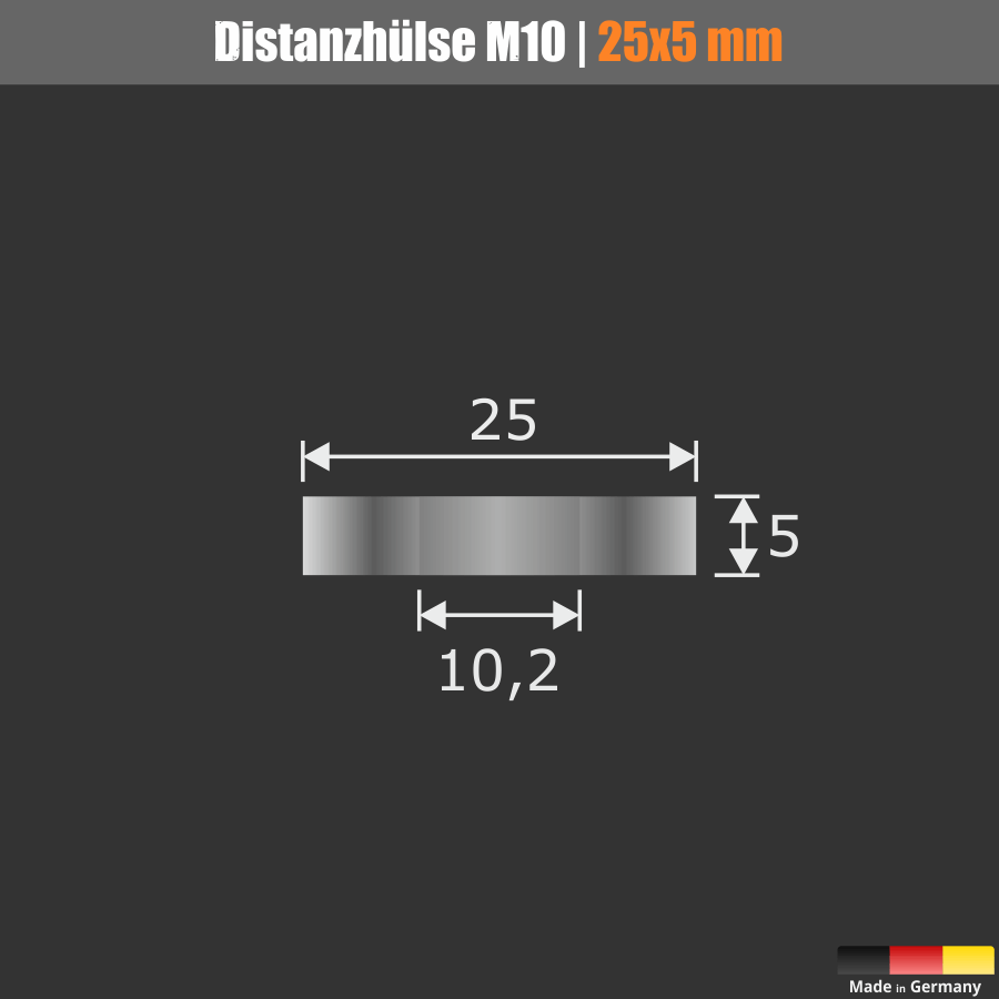Schilderbefestigung Edelstahl V2A Ø25x5mm Skizze der Distanzhülse auf schwarzem Untergrund