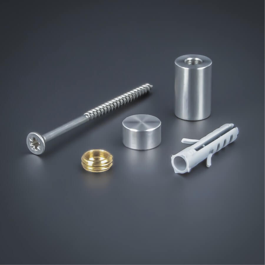 Schildbefestigung Edelstahl V2A Ø 10x15mm Lieferumfang auf dunklem Untergrund