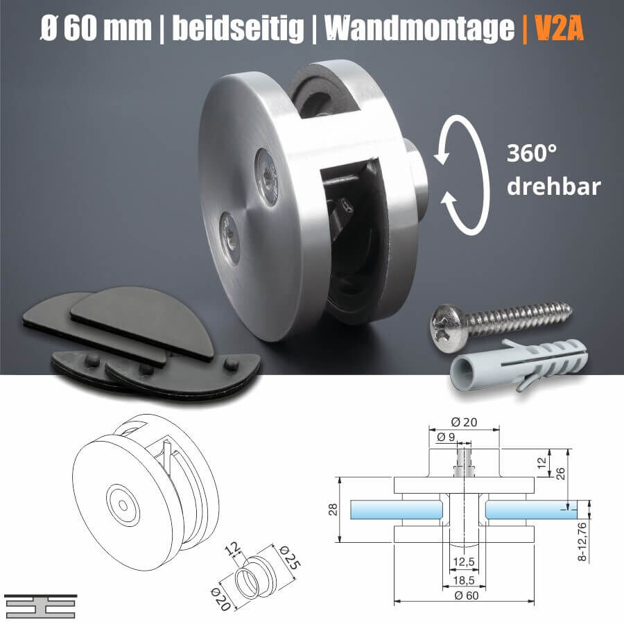 Glashalter Edelstahl rund Ø60mm beidseitig front Wandmontage Skizze mit Maße