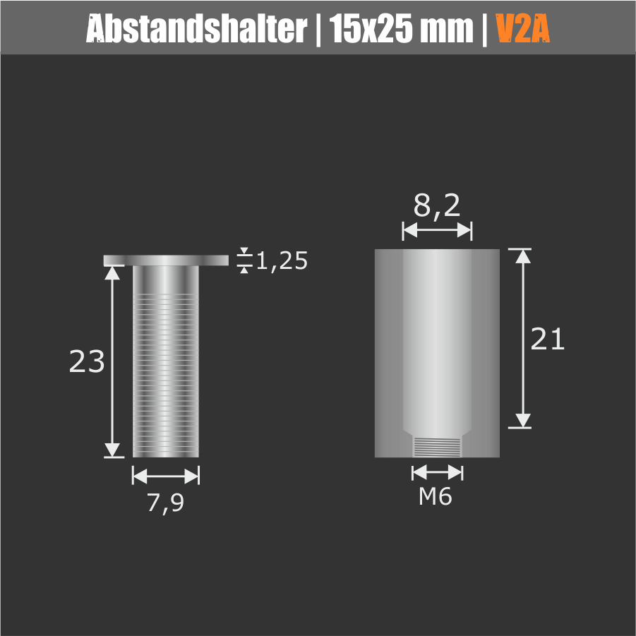 Werbeschild-Befestigung V2A Skizze der einzelnen Bauteile mit Maßen auf dunklem Hintergrund