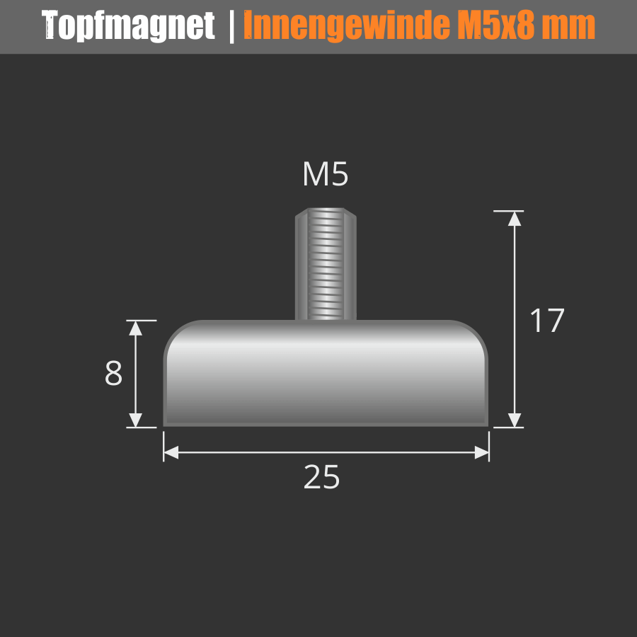 Topf-Magnet Ø 25mm Innengewinde M5x8 mm Skizze mit Maße