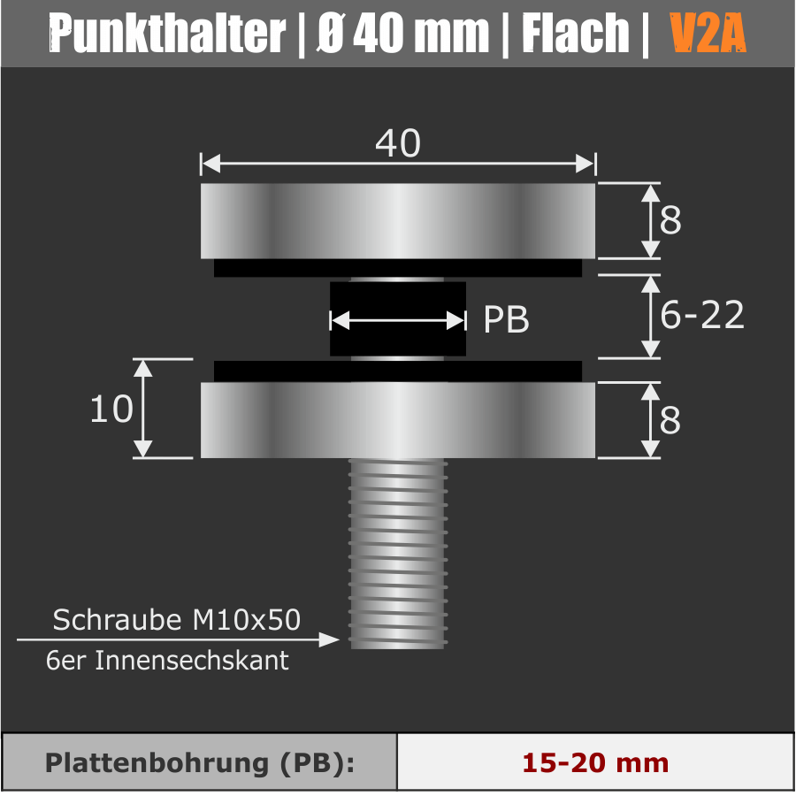Glaspunkthalter Glashalter Edelstahl Ø40 mm Skizze mit schwarzem Hintergrund