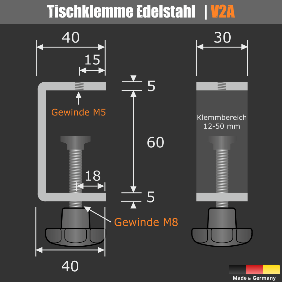 Tischklemme Spuckschutz Trennwand Edelstahl Skizze des Winkels mit der montierten Sternkopfschraube auf dunklem Hintergrund