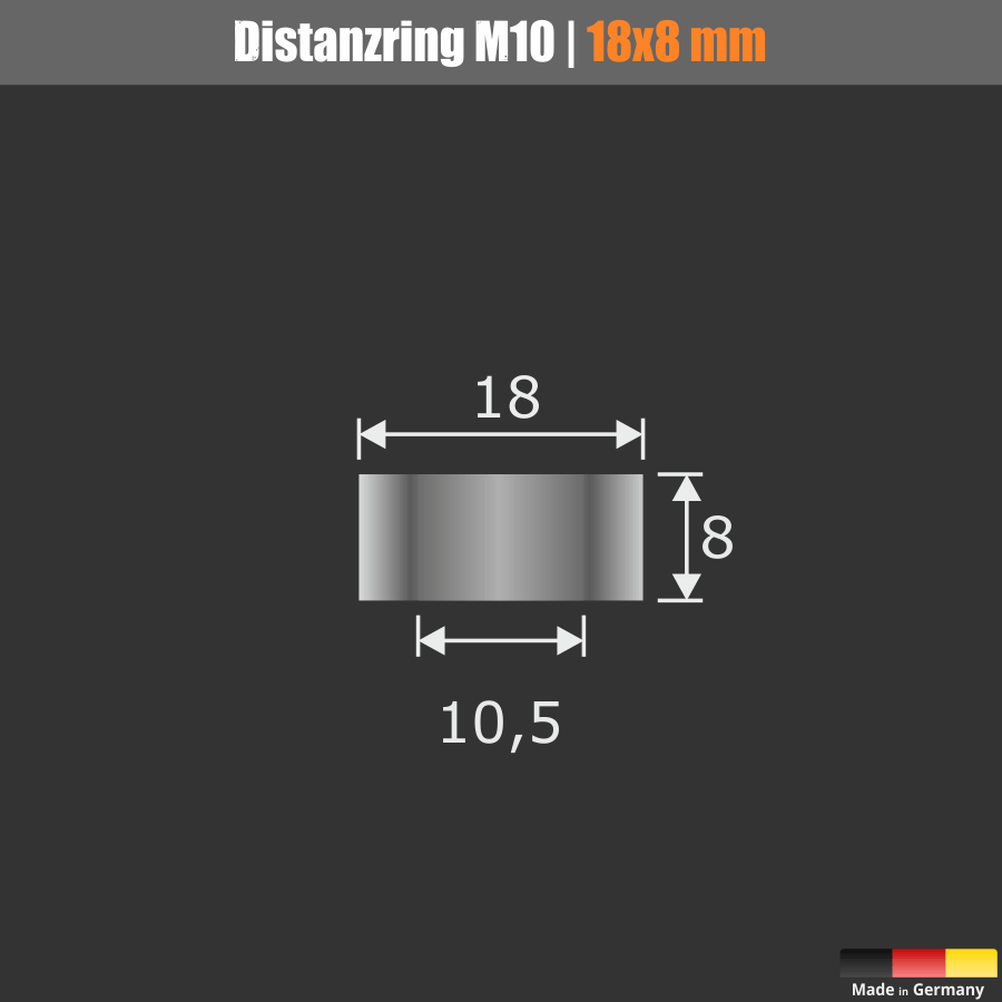 Distanz-Ring M10 Edelstahl Ø 18 mm WA: 8 mm Skizze mit Maße auf schwarzem Untergrund