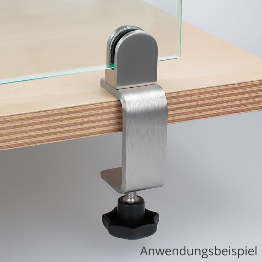 Tischklemme Edelstahl Spuckschutz montiert mit Scheibe an Schreibtischplatte