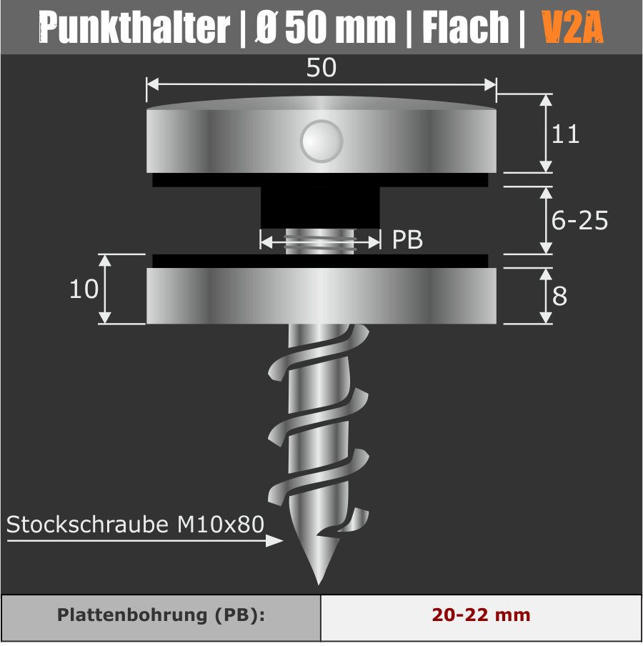 Punkthalter Edelstahl Ø50 mm Wandmontage Lieferumfang auf dunklem Untergrund