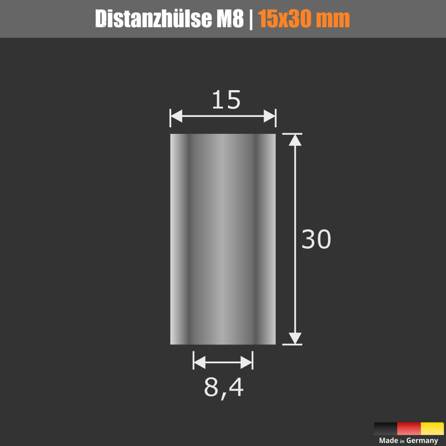 Distanzring Edelstahl Ø15x30mm M8 Skizze mit Maße auf schwarzem Untergrund