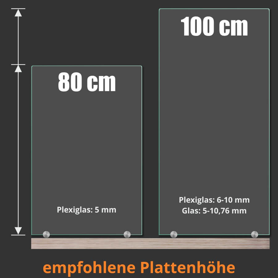 Tischaufsteller 150mm Spuckschutz Plexiglas Glas Platten Ø18 Skizze der möglichen Bauvarianten mit dunklem Hintergrund