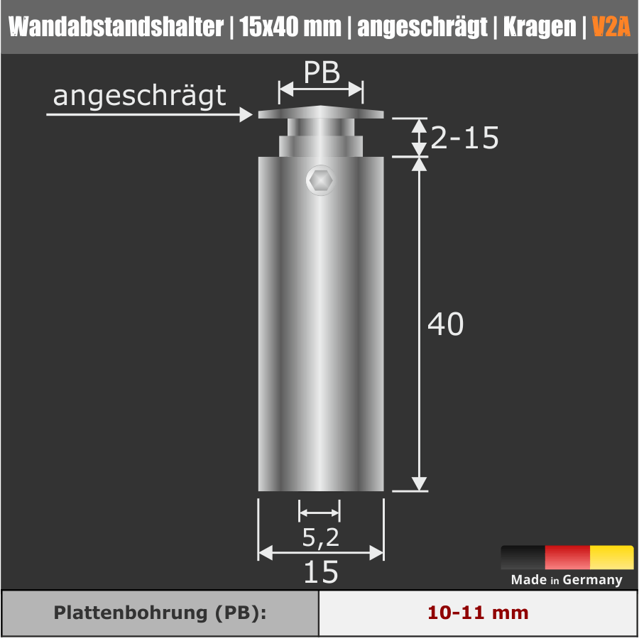 Edelstahlabstandhalter V2A technische Zeichnung mit Maßen auf dunklem Untergrund