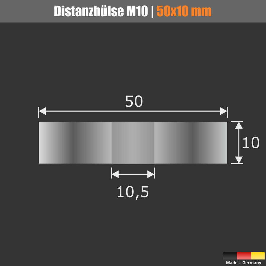 Distanzscheibe M10 Distanzhülse Edelstahl Ø50mm Skizze mit Abmessungen auf schwarzem Untergrund