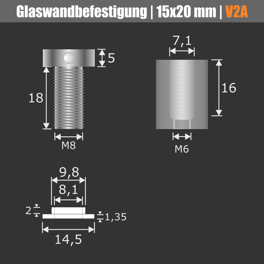 Glaswandbefestigung Edelstahl V2A technische Zeichnung mit Bemaßung auf dunklem Hintergrund