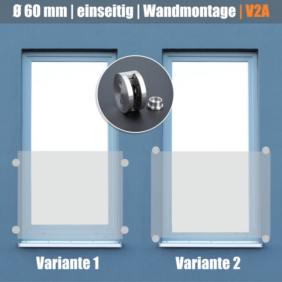 Glashalter Edelstahl rund Ø60mm einseitig front Wandmontage Anwendungsbeispiel an verputzter Hauswand