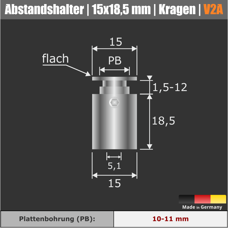 Plexiglasbefestigung Edelstahl Ø 15 mm technische Zeichnung und dunklem Hintegrund