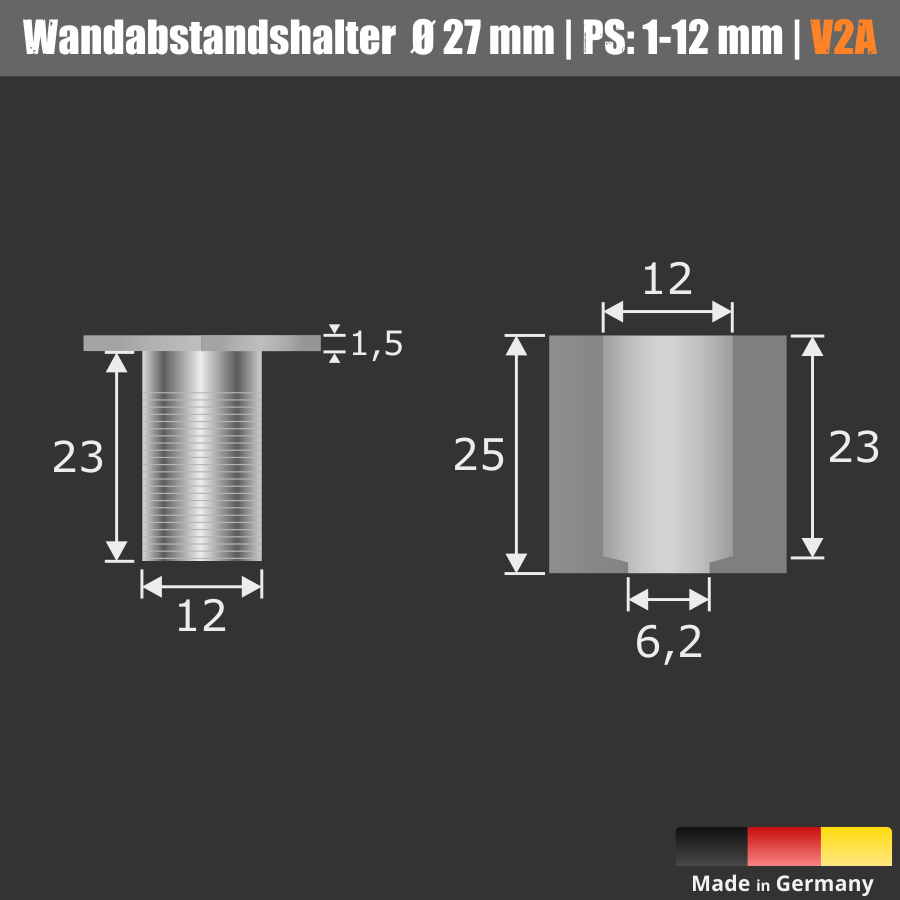 Wandabstandhalter 6-eckig Edelstahl V2A Abmessungen auf schwarzem Hintergrund