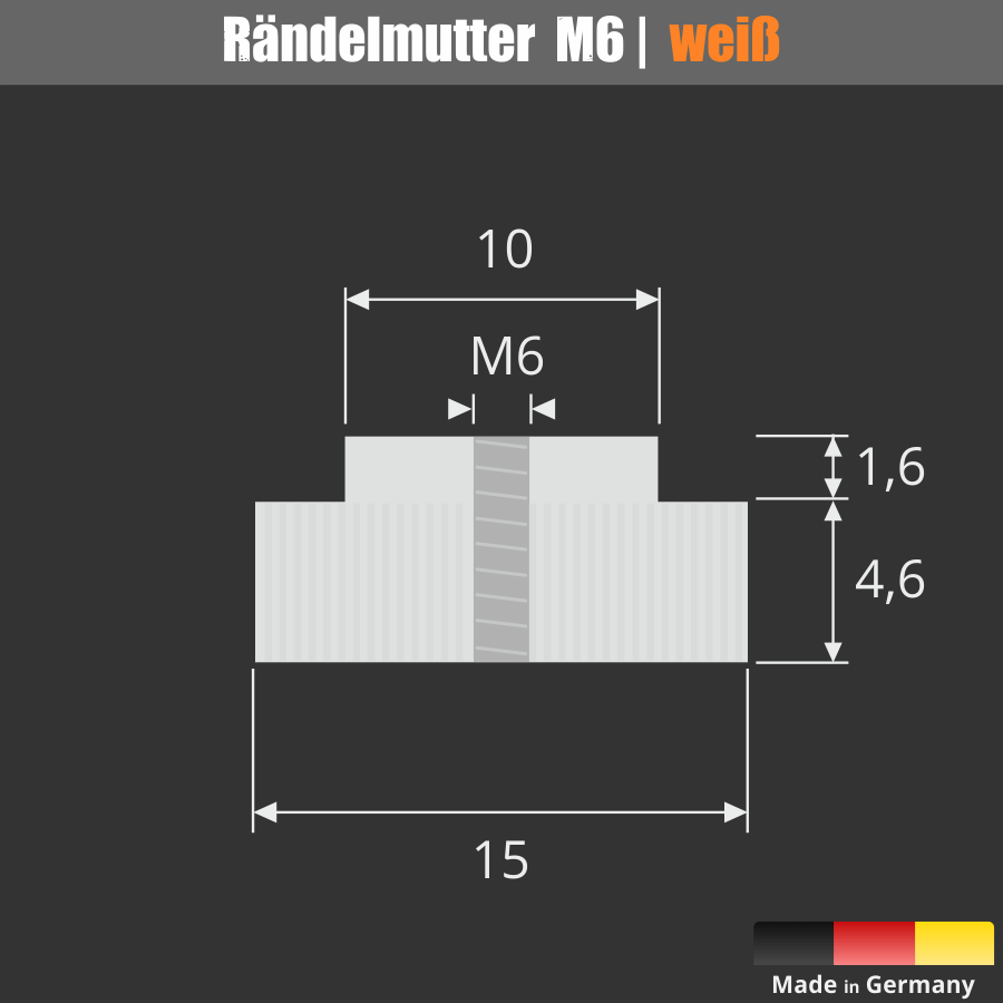Rändelmutter für M6 Gewinde | Mutter für Saugnäpfe | weiß Skizze mit Maße