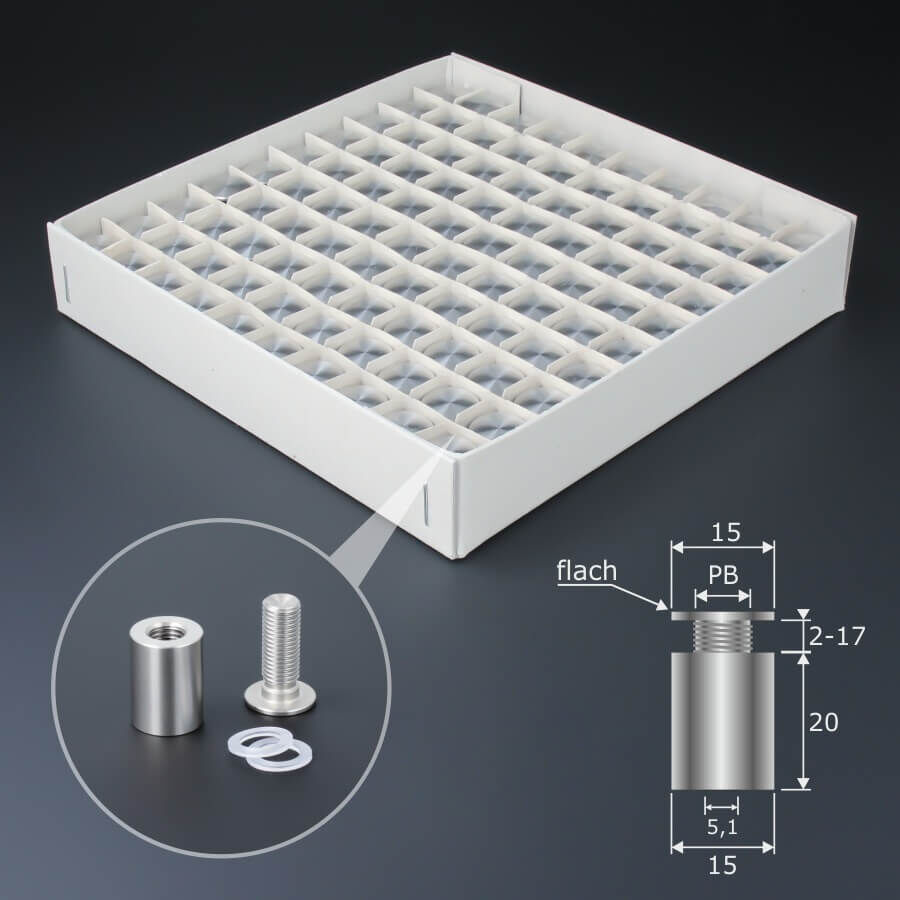 100er-Pack Abstandhalter schraubbar Edelstahl V2A Ø 15 mm 100er-Pack auf dunklem Untergrund