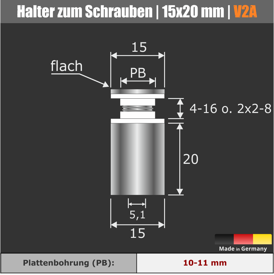 Halter zum Schrauben V2A Sizze mit Maßen auf dunklem Hintergrund