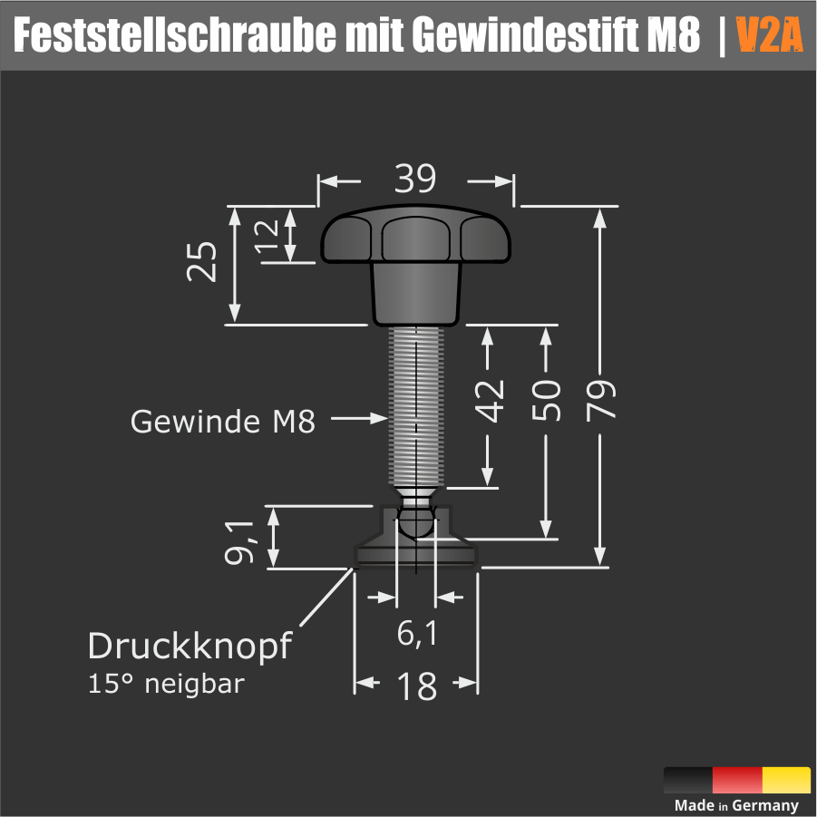 Tischklemme Spuckschutz Trennwand Edelstahl Skizze der Sternkopfschraube und Drucknopf mit Maßen