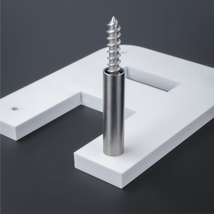 Distanzhülsen Abstandshülsen Edelstahl Ø12 mm L-Ø:10 mm montiert mit Stockschraube an Acrylbuchstabe