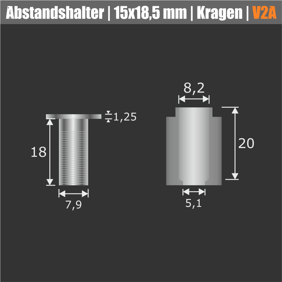 Plexiglasbefestigung Edelstahl Ø 15 mm Skizze mit Maßen und dunklem Hintergrund