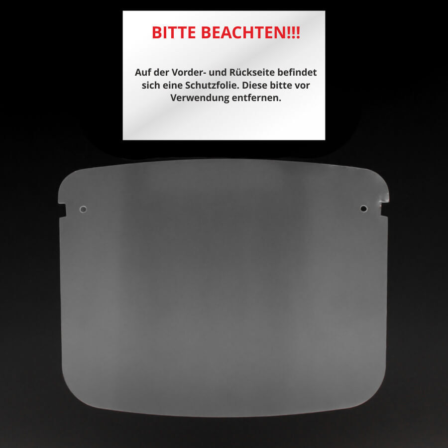 Kunststoff Ersatz-Gesichtsvisie liegend auf dunklem Untergrund mit einem Informationsblatt