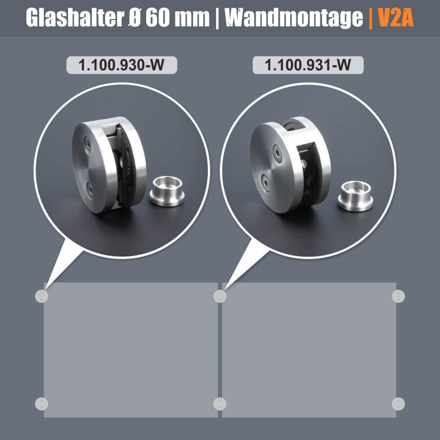 Glashalter Edelstahl rund Ø60mm beidseitig front Wandmontage Anwendungsbeispiel