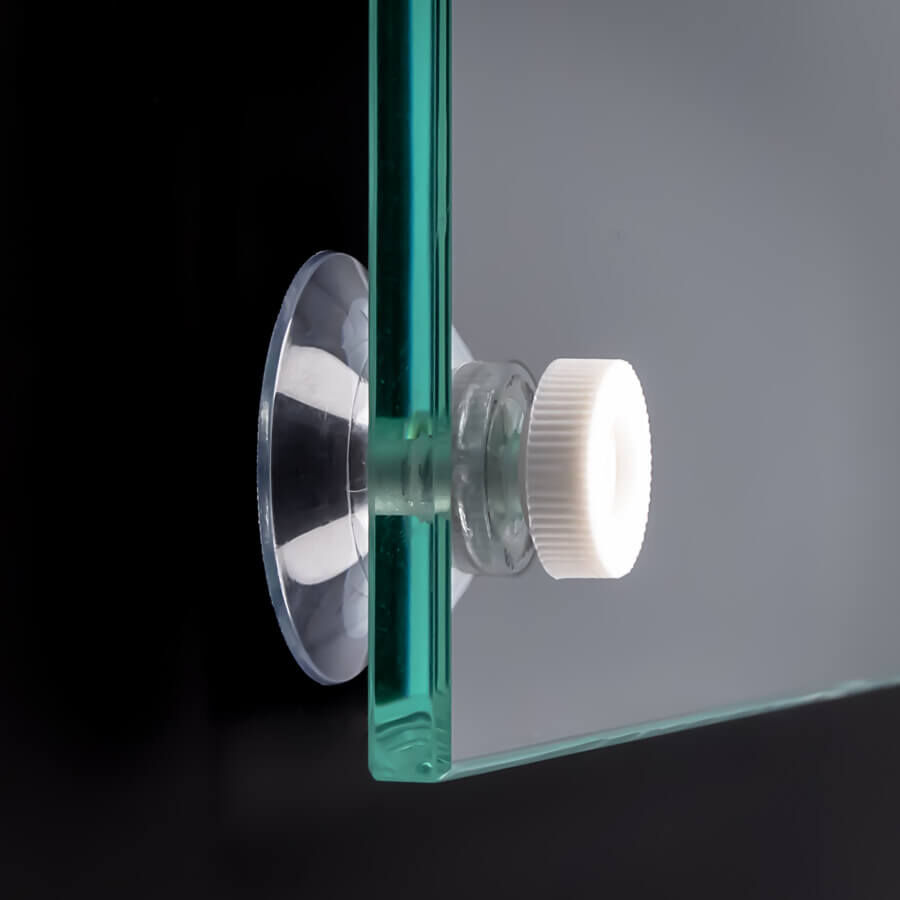 Saugnapf Ø30 mm Gewinde M4x6 mm + Rändelmutter an Glasplatte montiert