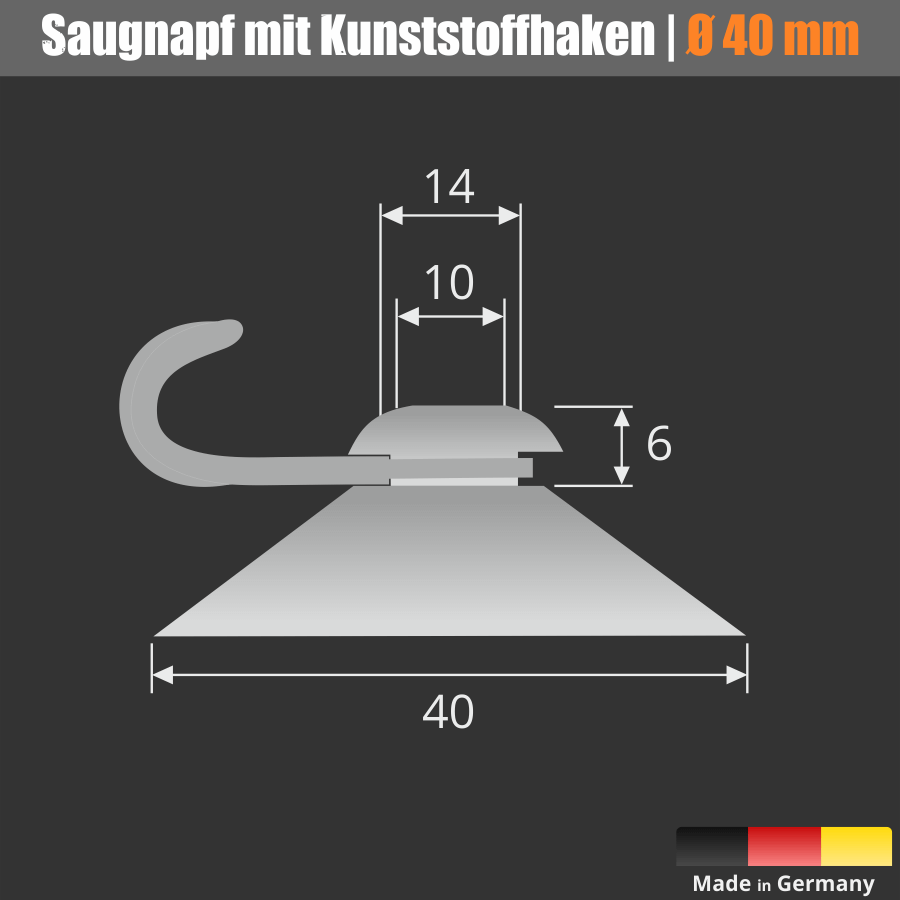Saugnapf 40 mm mit Kunststoffhaken weiß-transluzent Skizze mit Maße