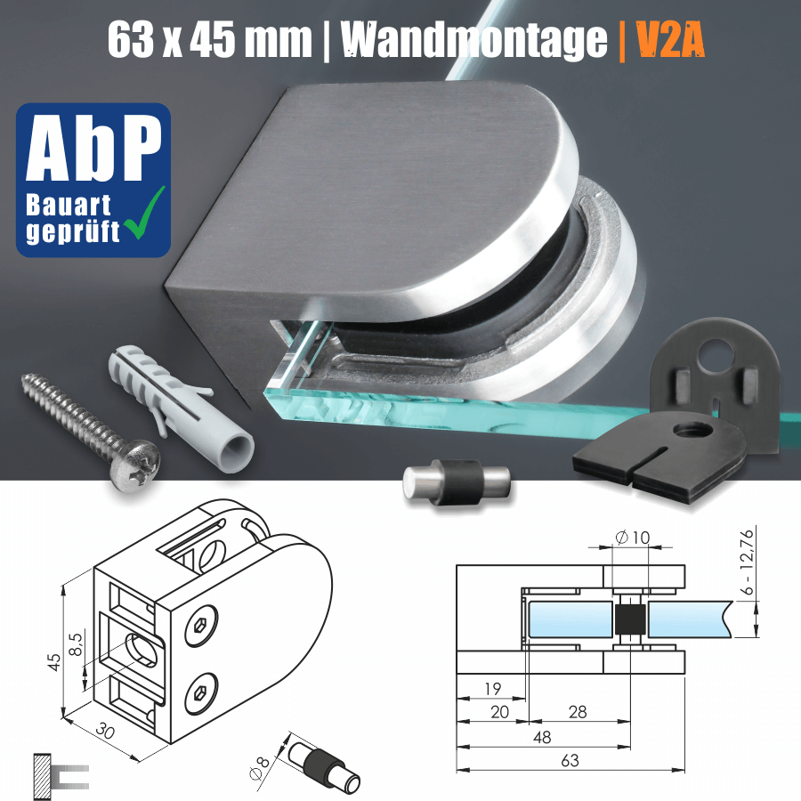 Glashalter mit Sicherungsstift V2A 63x45mm Skizze mit Maße