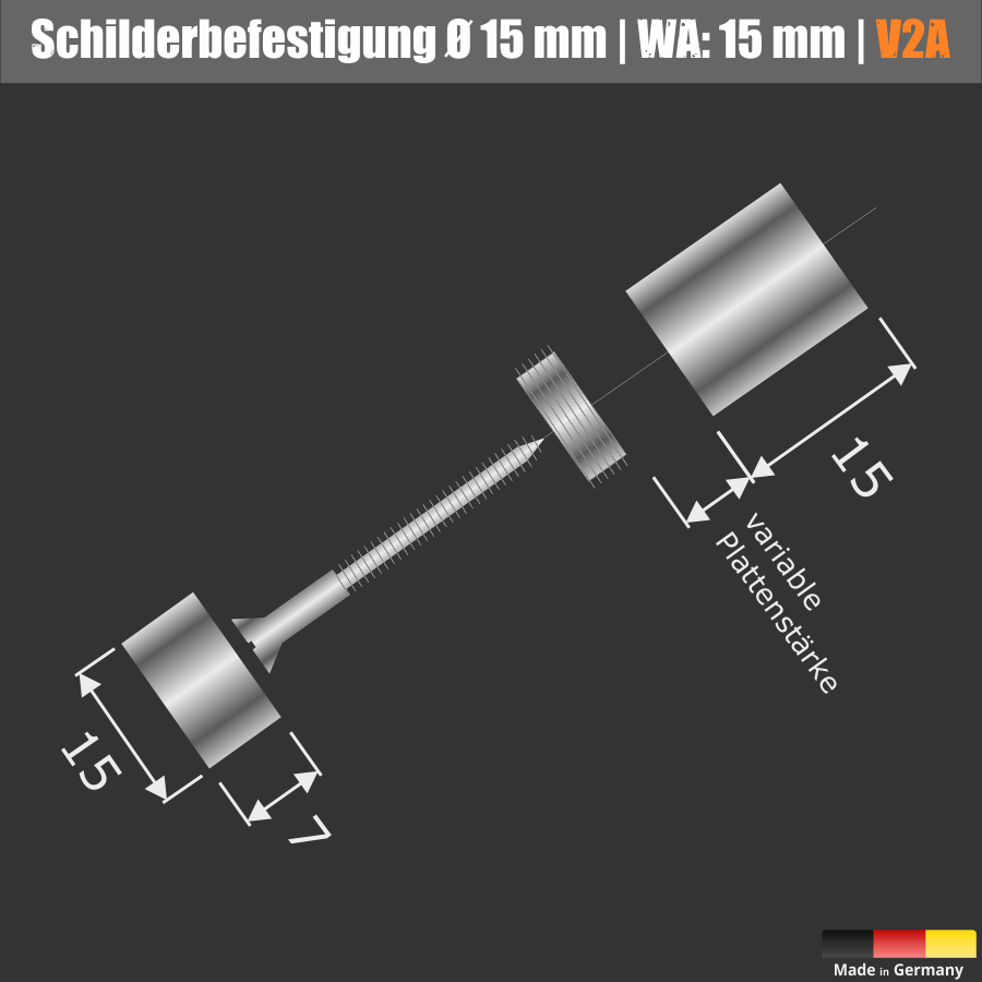Schilderbefestigung Edelstahl Ø 15x15mm Skizze mit allen Komponenten auf schwarzem Untergrund