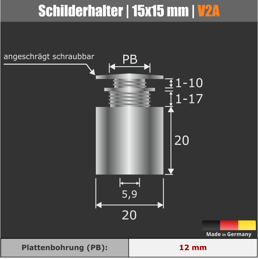 Schilderhalterung Edelstahl VA roh Ø 20mm Skizze mit technischen Daten auf schwarzem Hintergrund