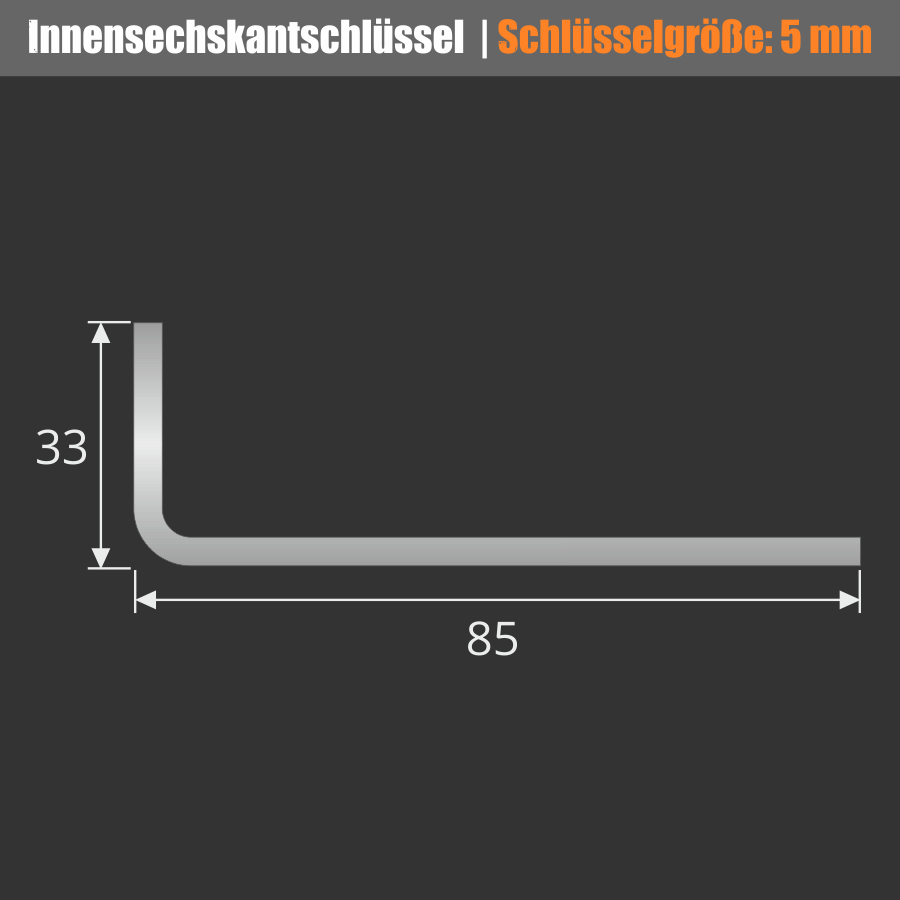 5 mm Innensechskantschlüssel Winkelschrauber für Madenschrauben Skizze mit Bemaßung auf dunklem Hintergrund