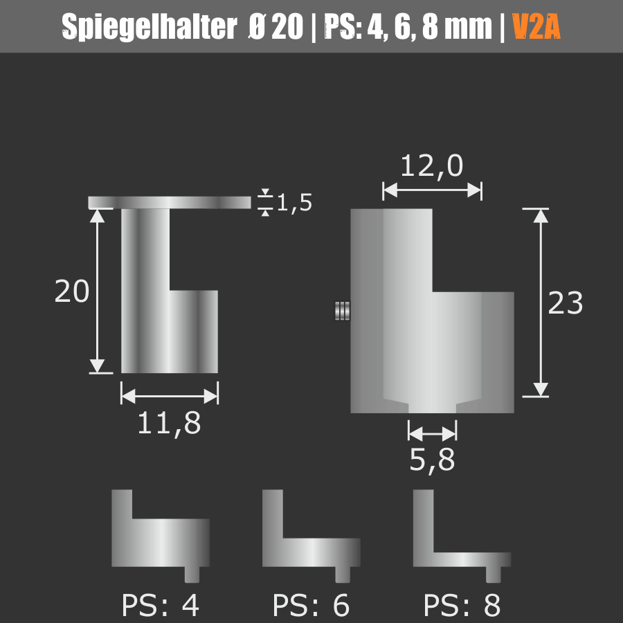 Spiegelhalter Edelstahl Ø: 20 mm Skizze der einzelnen Bauteile mit schwarzem Hintergrund 